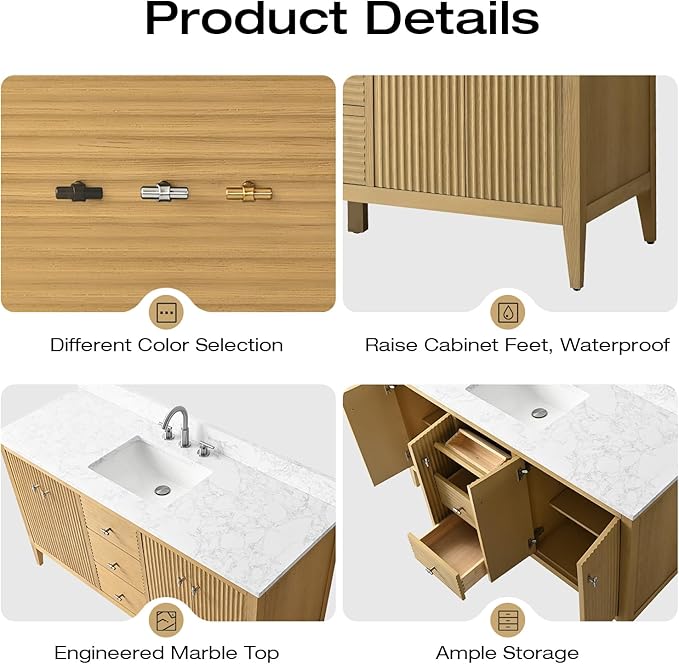 Vanity Art 60 inch Oak Bathroom Vanity with Single Sink & Ceramic Top, Vanity Cabinet with Soft-Closing Door, Solid Wood Frame, Linear Pattern, Natural Oak, VA9160-SNO-MB,Matte Black Handles