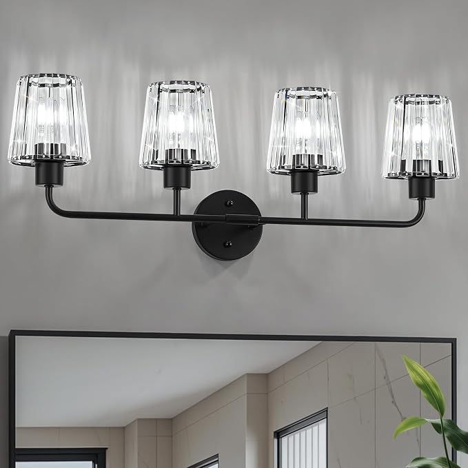 Black Vanity Lights, 4-Light Crystal Bathroom Light Fixtures | Modern Bathroom Vanity Light E26 Wall Light over Mirror (Exclude Bulb)