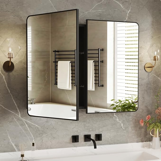 Medicine Cabinet Mirror 40x32 Inch, Double-Sided Bathroom Mirror Cabinet with Adjustable Glass Shelves, 2-Compartment Bathroom Mirror with Storage Recessed or Wall Mount