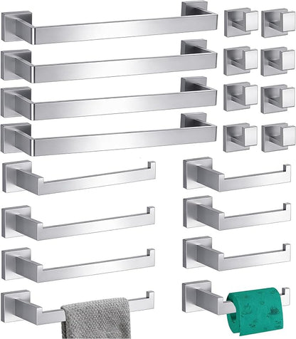 20-Pieces Bathroom Hardware Set Brushed Nickel Bathroom Accessories Set SUS304 Towel Bar Set Includes 4 Towel Bar 16 Inch+4 Towel Holder+4 Toilet Paper Holder+8 Towel Hooks (20, Brushed Nickel)