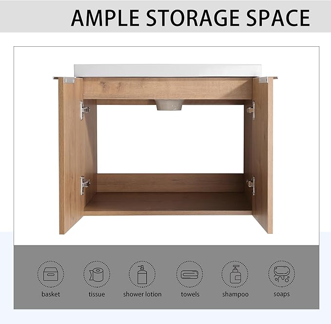 SSLine 36-Inch Single Bathroom Vanity Modern Wall Mounted Bathroom Vanity with Sink 36" Small Floating Bathroom Vanities Set with White Open Storage Shelf & 2 Side Cabinets,Brown White