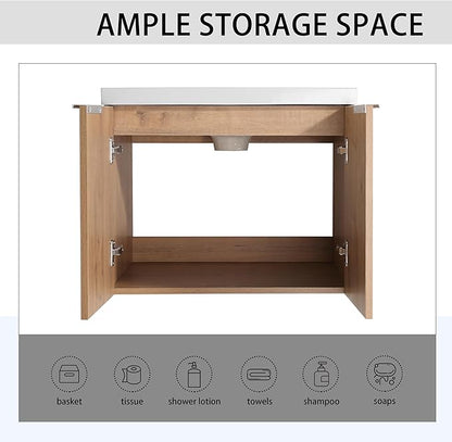 SSLine 24-Inch Single Bathroom Vanity Modern Wall Mounted Bathroom Vanity with Sink 24" Small Floating Bathroom Vanities Set with 2 Side Storage Cabinets,Brown White