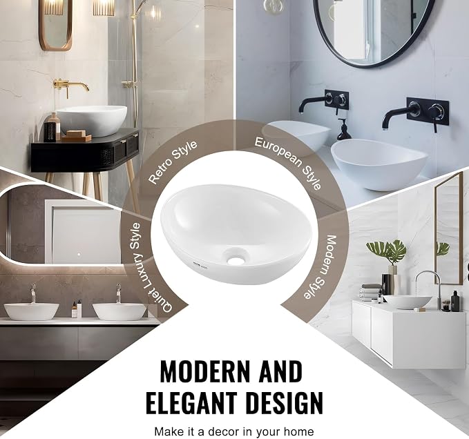 VEVOR Oval Vessel Sink, 16" x 13.4" Bathroom Vessel Sink Bowl Countertop, White Ceramic Bathroom Sinks Above Counter, Bowl Sink with Modern Style, Well-Packaged for Bathroom, Hotel, Toilet, RV