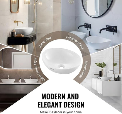 VEVOR Oval Vessel Sink, 16" x 13.4" Bathroom Vessel Sink Bowl Countertop, White Ceramic Bathroom Sinks Above Counter, Bowl Sink with Modern Style, Well-Packaged for Bathroom, Hotel, Toilet, RV