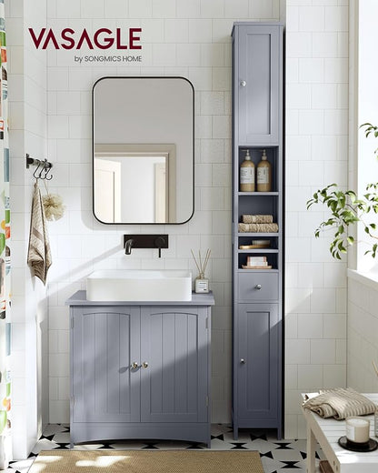 VASAGLE Tall Bathroom Cabinet, Slim Freestanding Bathroom Storage Cabinet with Adjustable Shelves, Drawer, Open Compartments, for Small Spaces, Modern, Dove Gray UBBC765G02