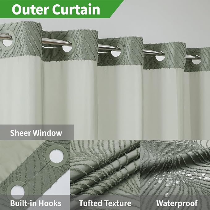 eachope no Hook Shower Curtain and Liner Set，Boho Style with See Through Top Window, SageGreen Fabric Tufted Striped Textured Outer Curtain & Waterproof Inner Liner, SageGreen, 71Wx77H