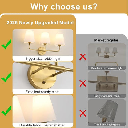 Bathroom Light Fixtures, 3-Light Brushed Gold Vanity Lights, 25" Bathroom Lighting Fixtures Over Mirror with White Flared Fabric Shade, Modern Wall Sconces for Bathroom Bedroom Living Room Hallway