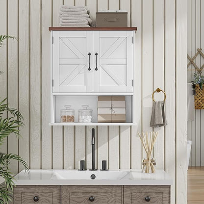 Bathroom Wall Cabinet with Barn Doors, Wall Mounted Bathroom Cabinet, Farmhouse Style, Adjustable Shelf, Wall Mounted Medicine Cabinets, White
