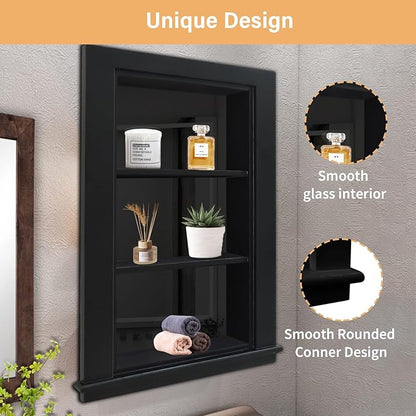 14 x 24 Recessed Medicine Cabinet, Black Bathroom Wall Cabinet, 3-Tier Wall Niche with Glass Interior, for Bathroom Storage