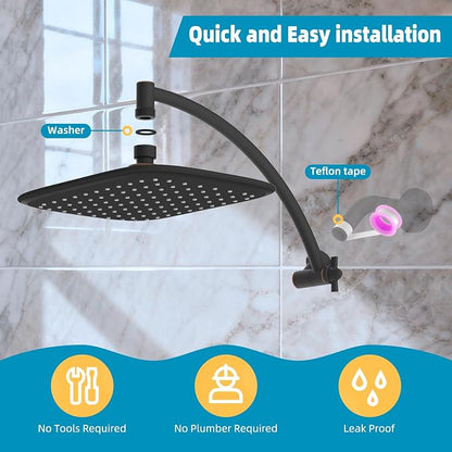 Rain Shower Head with 12" Metal Extension Arm, 10" High-Pressure Showerhead | Oil Rubbed Bronze, Boosting Rainfall/Fixed Showerhead, Shower Head Extender Adjustable Height/Angle, 1-Min Easy to Install