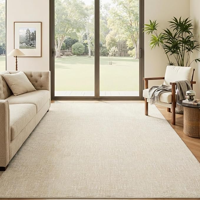 Garvee Modern 4x6 Living Room Rug Solid Color Washable Area Rugs, Beige | Rubber Backing Neutral Textured Non Shedding Stain Resistant Low Pile Foldable Soft Rug for Bedroom Nursery Entryway