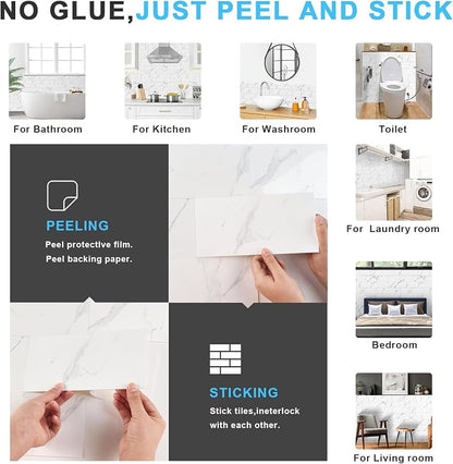 URCOLOR 64-Piece Peel and Stick Backsplash Wall Tile, 4"x 8" PVC Glossy White Marble Stick on Subway Tiles for Kitchen, Bathroom, Laundry Room, Camper, Fireplace
