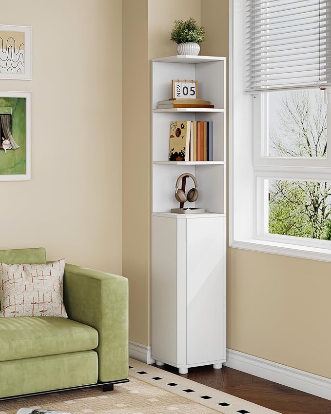 Corner Cabinet, Tall Bathroom Corner Cabinet with Doors, Narrow Storage Cabinets with Adjustable Shelves, Bathroom Organizers and Storage for Small Space, White BC31003X