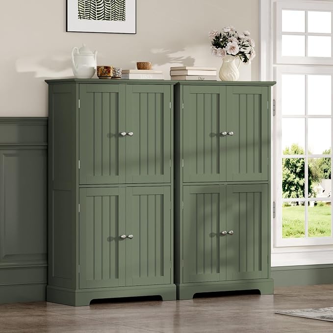 ChooChoo Bathroom Floor Cabinet with Adjustable Shelves | Bathroom Storage Cabinet, 4 Doors, Freestanding Cupboard for Living Room, Green