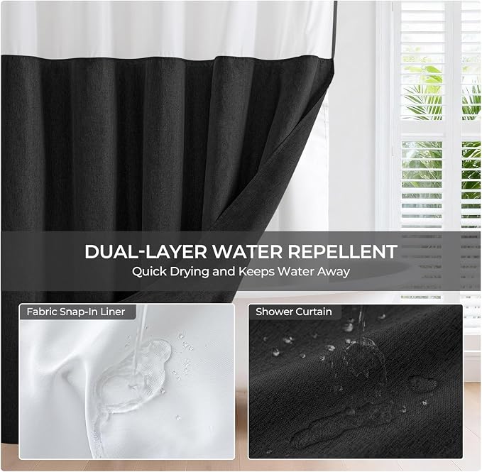 River Dream Linen Textured No Hooks Shower Curtain with Liner,Black,71x74 | Mesh Top Window,with Snap-in Liner,Heavy Duty Fabric,Quick Dry,Bottom Magnets,Water-Repellent,Washable,Farmhouse Bathroom Set