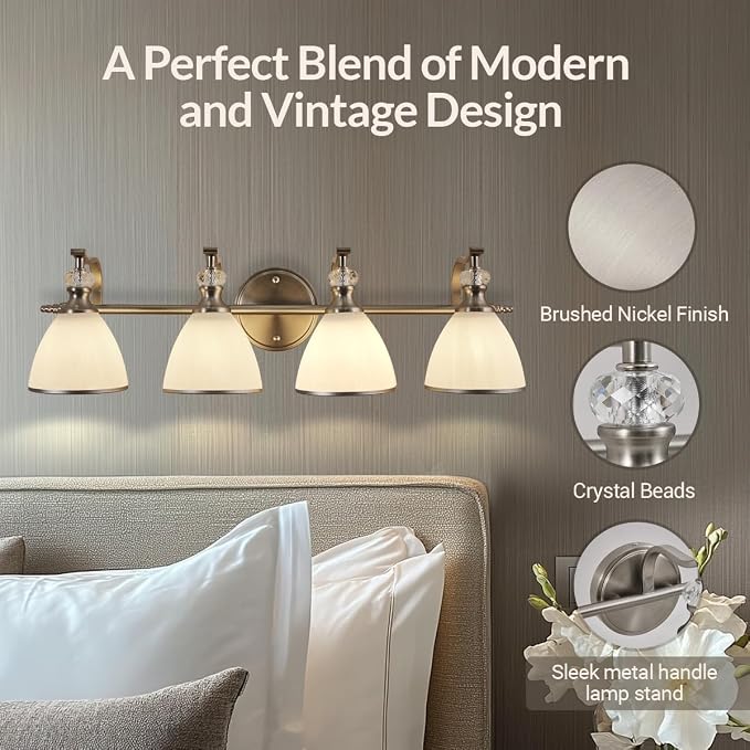 Bathroom Light Fixtures Over Mirror, 4-Light Brushed Nickel Vanity Lights for Bathroom, 27.8 Inch Vintage Wall Sconce with Milk White Bell Glass Shades, Rustproof Silver Finish, E26 Base