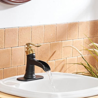 BWE Bathroom Sink Faucet Gold with Matte Black Waterfall Farmhouse Vanity Lavatory Single Hole Faucets One Handle Bath Antique Mixer with Water Supply Line