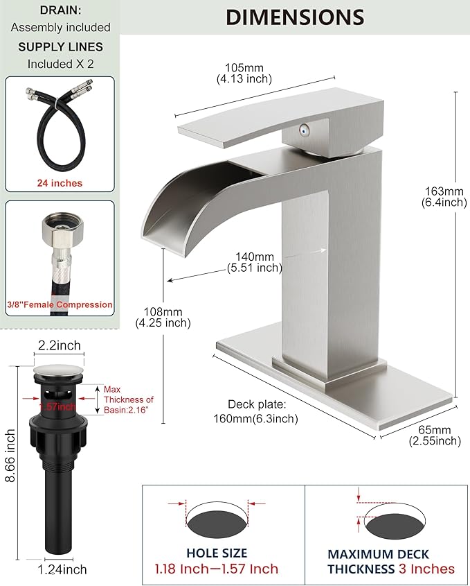 Midanya Waterfall Bathroom Faucet, Single Handle Bathroom Sink Faucet for Sink 1 or 4 Inch 3 Hole, Stainless Steel Vanity Faucets with Deck Plate and Pop up Drain,Brushed Nickel