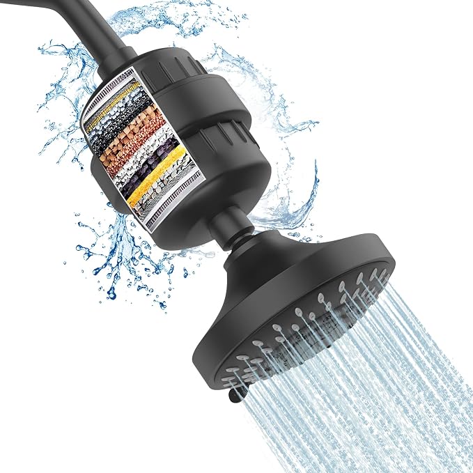 FEELSO Shower Head with Shower Filter, Filtered Shower Head for Hard Water | High Pressure, Anti-clog Nozzles, 5 Spray Showerhead, 15 Stage Water Softener Filters, Remove Chlorine and Harmful Substances