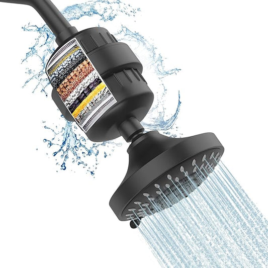 FEELSO Shower Head with Shower Filter, Filtered Shower Head for Hard Water | High Pressure, Anti-clog Nozzles, 5 Spray Showerhead, 15 Stage Water Softener Filters, Remove Chlorine and Harmful Substances