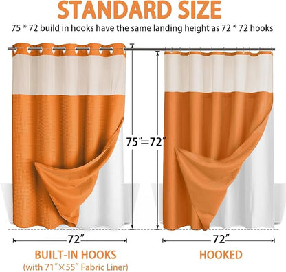 No Hook Shower Curtain and Liner Set,Orange Hotel Waffle Shower Curtain with Liner 75" L x 72" W