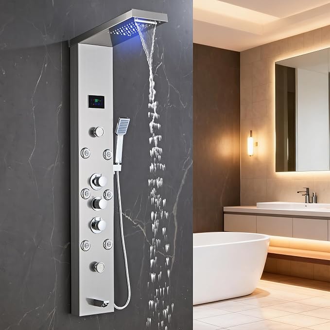 LED 5-in-1 Shower Panel Tower System,Brushed Grey | 304 Stainless Steel Shower Panel Tower Column with Powerful Body Jets, Rainfall, Waterfall,Handheld and Tub Spout