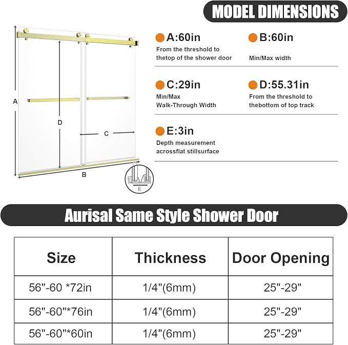 Frameless Shower Door, Frameless Sliding Bathtub Shower Door 60" W x 60" H, 1/4" (6mm) Clear Tempered Glass Tub Shower Door, Glass Shower Door with Full Stainless Steel Hardware, Gold