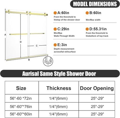 Frameless Shower Door, Frameless Sliding Bathtub Shower Door 60" W x 60" H, 1/4" (6mm) Clear Tempered Glass Tub Shower Door, Glass Shower Door with Full Stainless Steel Hardware, Gold