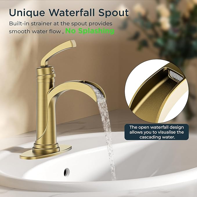 Forious Single Handle Bathroom Faucets Brushed Gold One Hole Antique Waterfall Bathroom Faucet with Metal Pop Up Drain and Deck Plate for Lavatory Vanity Farmhouse RV