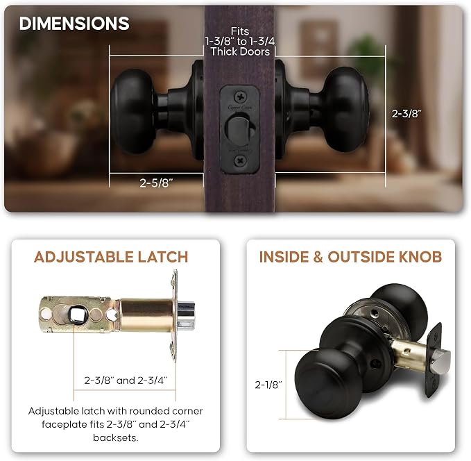 Copper Creek Colonial Passage Interior Door Knob – ANSI Grade-3 Certified, Modern Heavy Duty Handle, Easy Install and Reversible for Bedroom, Bathroom and Closets – Matte Black (2 Pack)