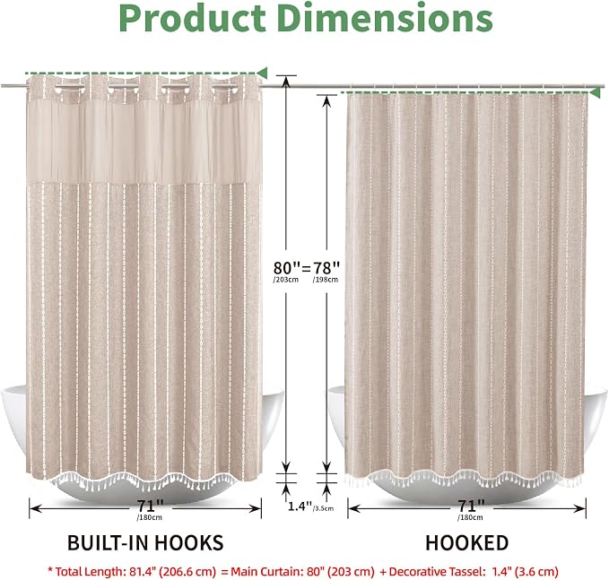 eachope No Hook Long Shower Curtain Set with Snap-in Fabric Liner,Linen Textured Thick Striped Fabric with Tassels,Boho Farmhouse Rustic Luxury Bathroom Curtain,Water-Repellent,Tan/Taupe,71x80 | 330GSM Thick Linen Textured Striped,Boho Farmhouse Rustic...