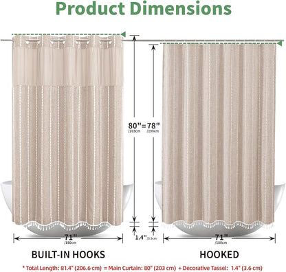 eachope No Hook Long Shower Curtain Set with Snap-in Fabric Liner,Linen Textured Thick Striped Fabric with Tassels,Boho Farmhouse Rustic Luxury Bathroom Curtain,Water-Repellent,Tan/Taupe,71x80 | 330GSM Thick Linen Textured Striped,Boho Farmhouse Rustic...