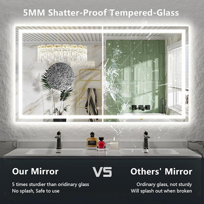 68x48 LED Bathroom Mirror with Lights, Lighted Vanity Mirror | Backlit and Front Light, Anti-Fog, 3 Color Dimmable, Memory, Tempered Glass, IP54 Waterproof, UL Listed