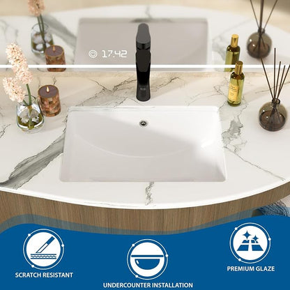 White Undermount Bathroom Sink 20.4"x14.4"Ceramic Basin | Modern Porcelain Under Counter Bathroom Vanity Sink, Interior Bowl 18.3" x 12.4", Rectangular Undermount Basin with Overflow