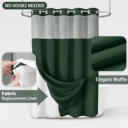 No Hook Shower Curtain and Liner Set,Dark Green Hotel Waffle Shower Curtain with Liner 75" L x 72" W
