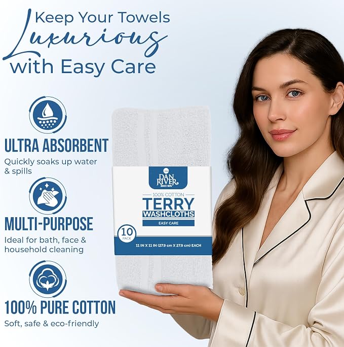 DAN RIVER 10 Pack Wash Cloths for Showering [11x11] - 100% Cotton Washcloths Premium Quality Flannel Face Cloths for Bathroom, Highly Absorbent and Soft Feel Wash Clothes, White