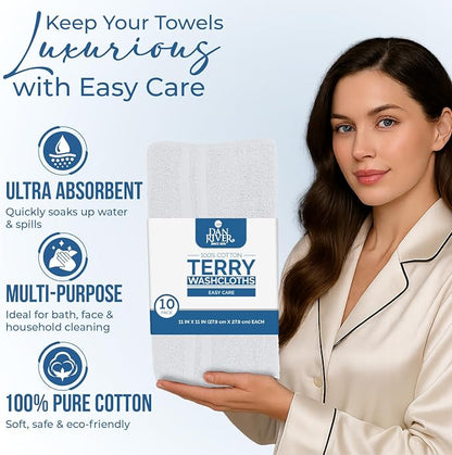 DAN RIVER 10 Pack Wash Cloths for Showering [11x11] - 100% Cotton Washcloths Premium Quality Flannel Face Cloths for Bathroom, Highly Absorbent and Soft Feel Wash Clothes, White
