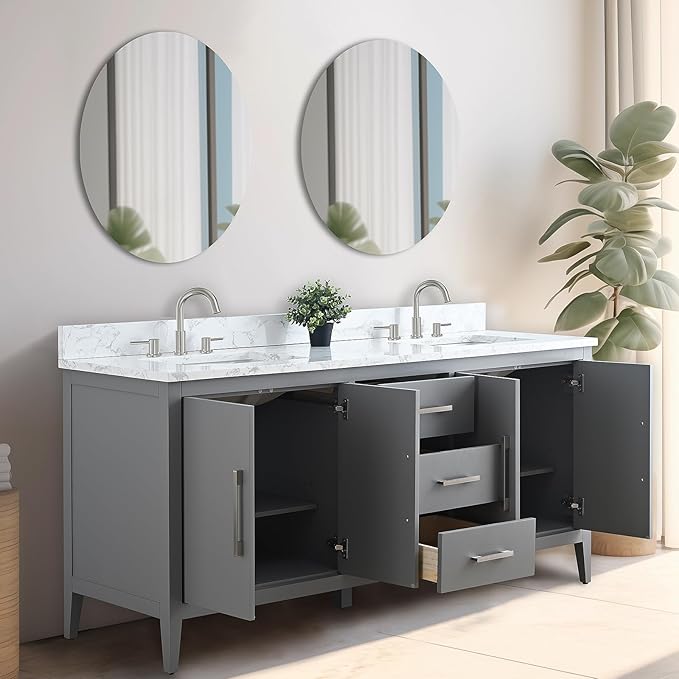 Vanity Art 72 inch Bathroom Vanity with Double Sink & Ceramic Top, Vanity Cabinet with Soft-Closing Doors, Drawers, Solid Wood Frame, Cashmere Gray, Golden Brushed Handware