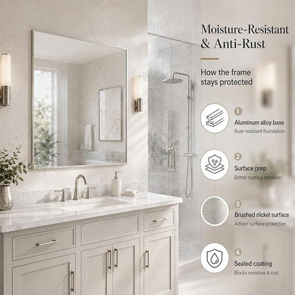 30"x30" Brushed Nickel Framed Square Bathroom Vanity Wall Mirror | Accent Wall Mirror, Square Geometric Look, Slim Metal Frame, Living Room or Entryway, Keyhole Mount, Tempered Glass