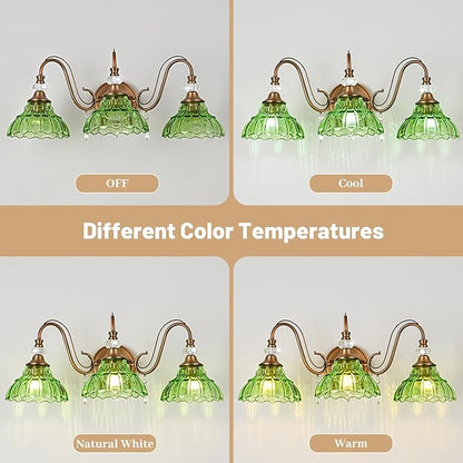 Vintage Bathroom Vanity Light, 3-Light Matte Antique Brass Finish Wall Sconce with Hanging Crystal Accents and Flower-Shaped Green Glass Shades, Retro Wall Mount Vanity Light Over Mirror for Bathroom