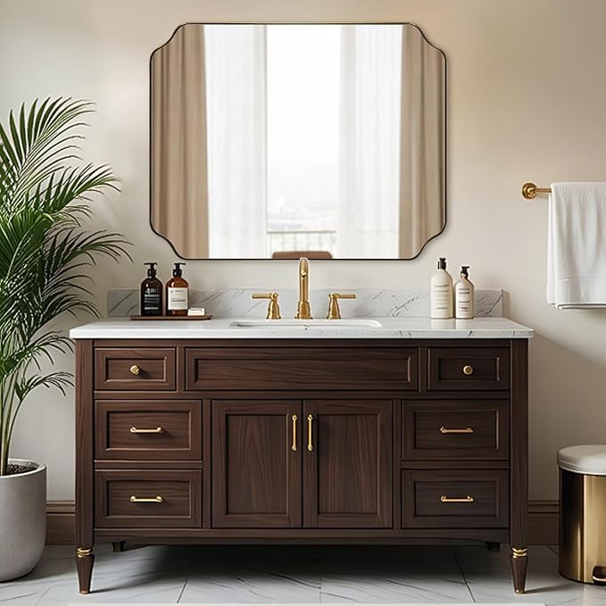 32X40 Inch Brushed Gold Scalloped Bathroom Mirror | Rustproof Stainless Steel Frame, Unique Notched Corners, Horizontal & Vertical Mount, Ideal for Bathroom, Powder Room