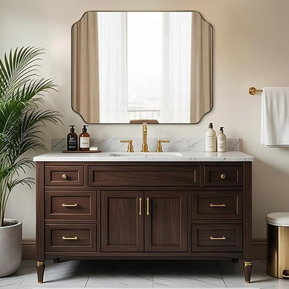 32X40 Inch Brushed Gold Scalloped Bathroom Mirror | Rustproof Stainless Steel Frame, Unique Notched Corners, Horizontal & Vertical Mount, Ideal for Bathroom, Powder Room