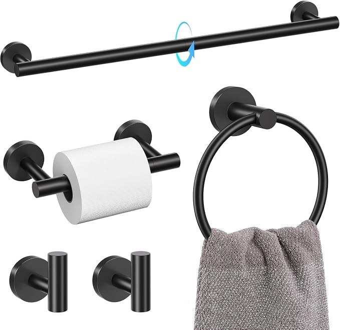 TURS Black 5 Piece Bathroom Towel Bar Set Bathroom Hardware Set, 23.6 inch Bathroom Accessories Kit Set, SUS304 Stainless Steel Wall Mounted