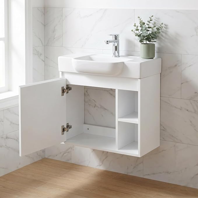 24" Bathroom Vanity with Sink, Wall-Mounted Cabinet, Glossy White | Ceramic Sink, Soft-Close Door & 2 Open Storage Shelves, Modern Farmhouse Sink Cabinet, Easy to Clean for Small Bathroom