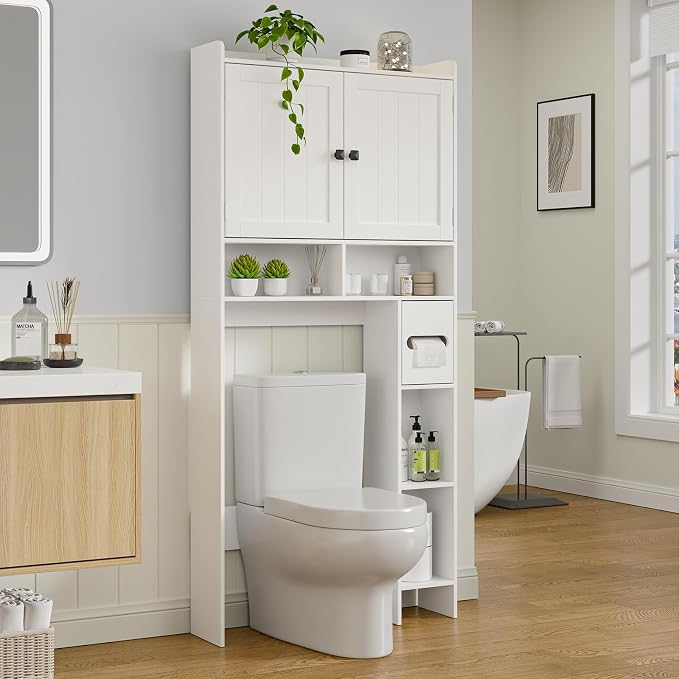 RRX Over The Toilet Storage Cabinet, Bathroom Above Organizer (Milky White) | Free Standing Toilet Rack with Adjustable Shelf and Open Storage, Double Doors, Space Saver, 30.7" L x 7.87 "W x 65.7 "H