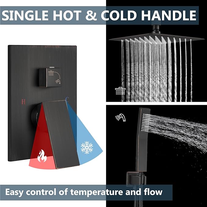 Aolemi Ceiling Mount Shower System Rain Shower Head with Handheld Spray High Pressure Shower Faucet Set Rough-in Valve Shower Trim Kit Included Bathroom Oil Rubbed Bronze 12 Inch Ceiling Shower Head