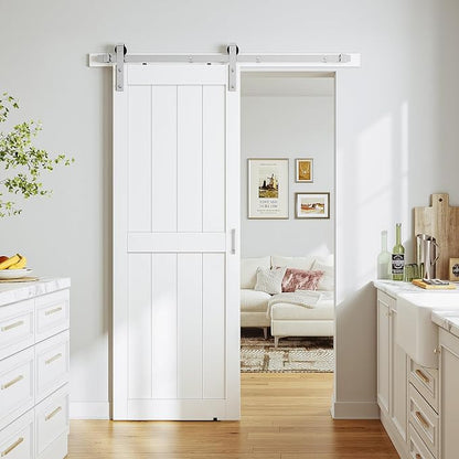 SMARTSTANDARD 30" x 84" White Sliding Barn Door with 5FT Silver Hardware | Pre-Drilled Ready to Assemble, Waterproof PVC Coating, H-Frame