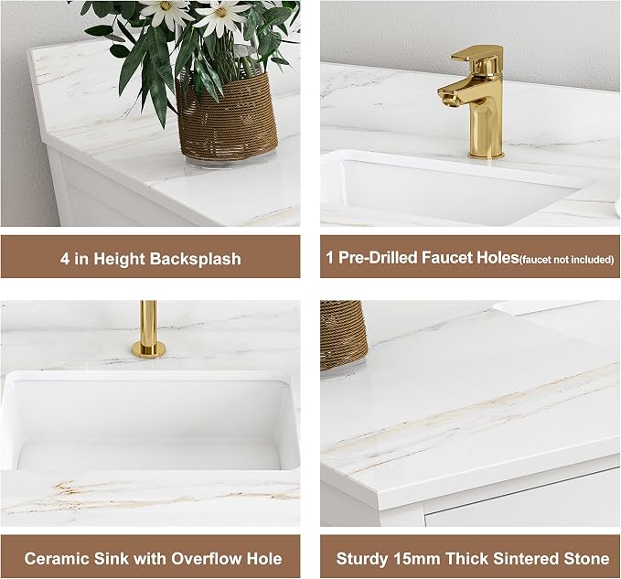 42 Inch Bathroom Vanity with Sink&Countertop,Calacatta Gold Sintered Stone Vanity Top with Sink&Backsplash,White Bathroom Cabinet Set with 2 Doors and 9 Drawer(Single Hole)