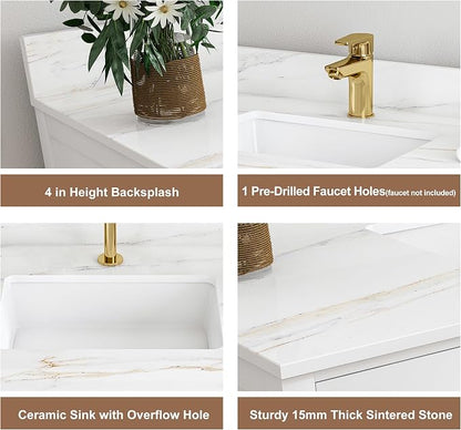 42 Inch Bathroom Vanity with Sink&Countertop,Calacatta Gold Sintered Stone Vanity Top with Sink&Backsplash,White Bathroom Cabinet Set with 2 Doors and 9 Drawer(Single Hole)