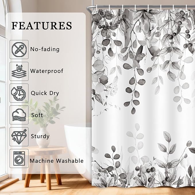 Extra Long Gray Eucalyptus Shower Curtain 72X84 Inch, Black and White Watercolor Plants Leaves Bathroom Curtains, Botanical Foliage Waterproof Fabric Cloth Shower Curtain Set with Hooks